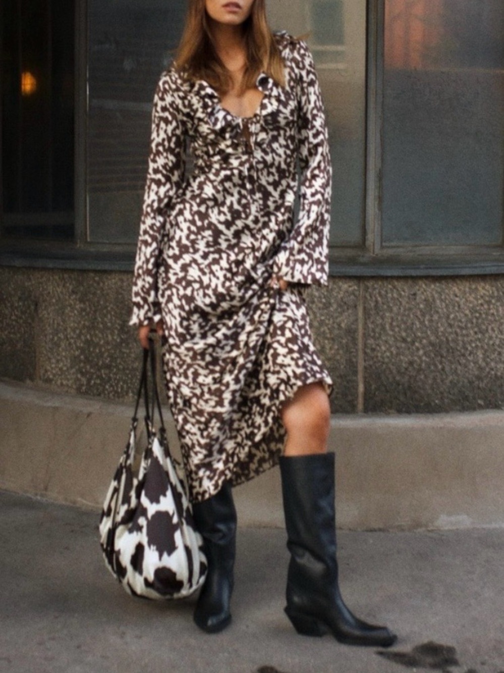 Zara Long Sleeve Brown & white Dress